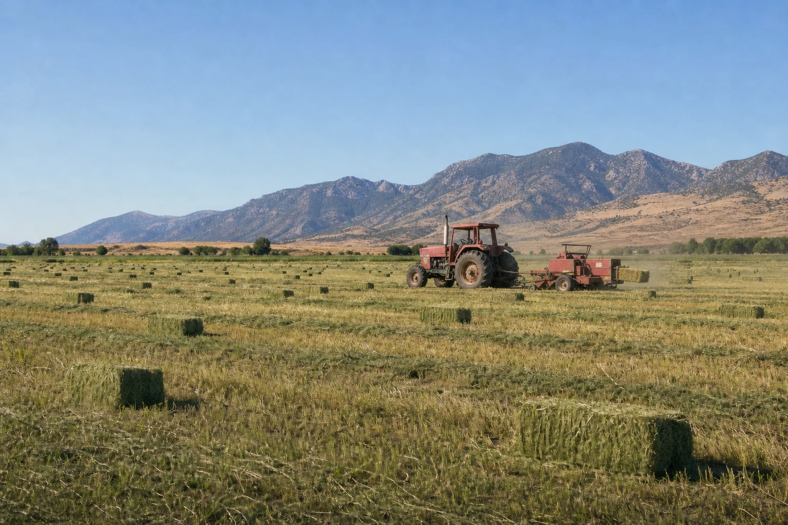 A tractor and small-square baler harvesting a mountain hay field